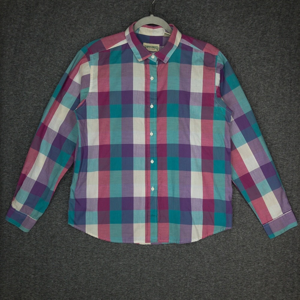 Vintage Saddlebred Purple Plaid Button Up Women's Size 14 Retro Long Sleeve